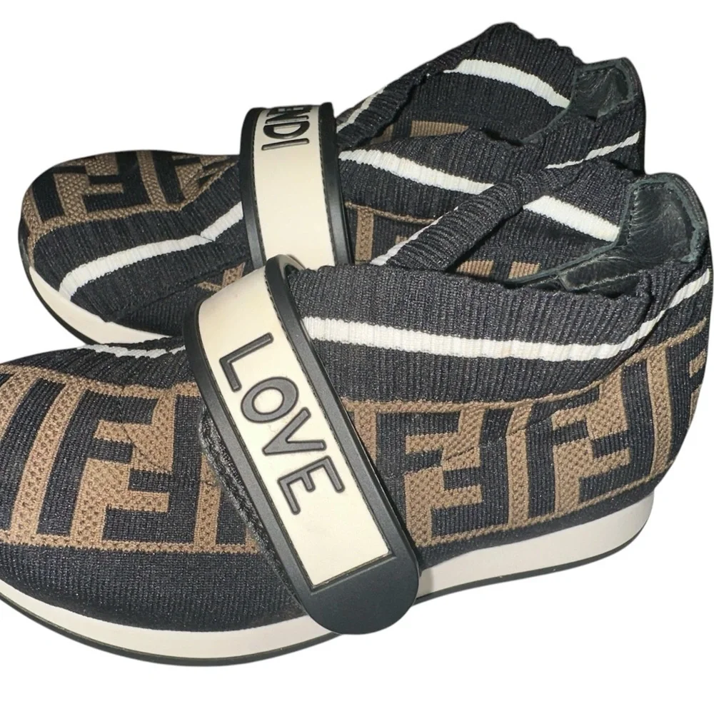 Fendi Black and Brown FF Logo Sock Sneakers - Kids Unisex - Size EU 27 - Picture 3 of 8
